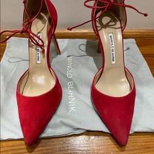 Manolo Blahnik Red Suede Tie Up Heel Size 8.5 euro size 38.5